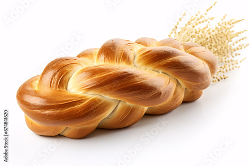 An isolated Challah bread of plaited wheat flour on a white background.