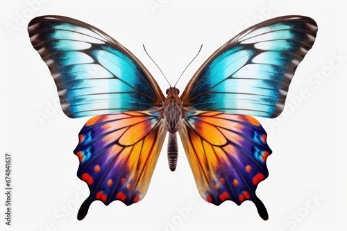 A vibrant butterfly with various colors displayed on a clean white background. Suitable for use in nature-themed designs or to add a pop of color to any project