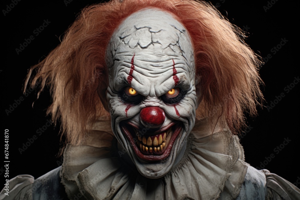 A picture of a creepy looking clown with red hair. This image can be used for Halloween decorations or in horror-themed designs A picture of a creepy looking clown with red hair. This image can be used for Halloween decorations or in horror-themed designs