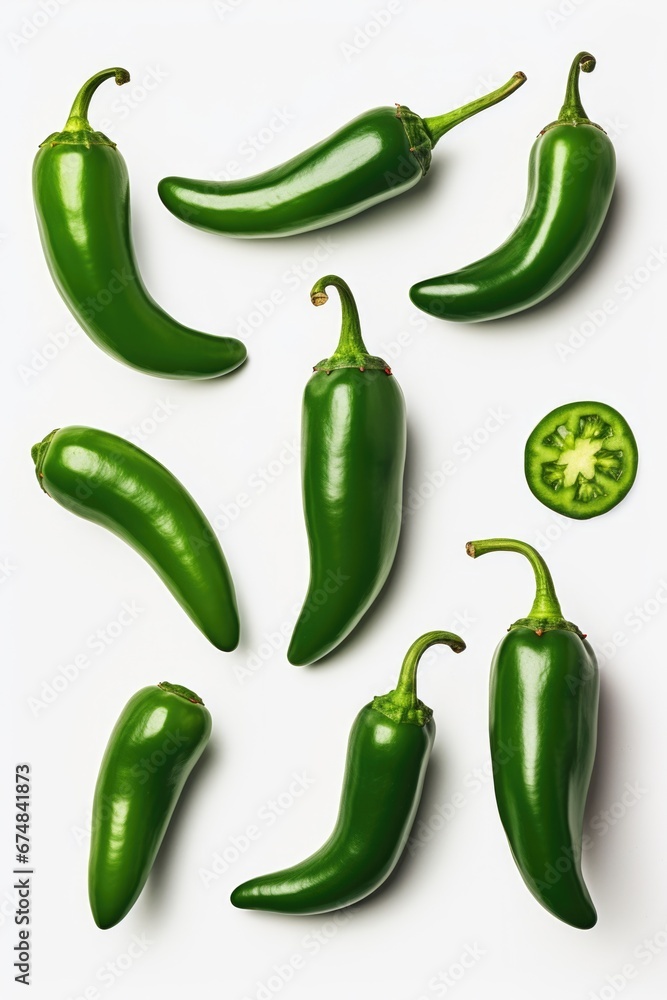 A group of green peppers arranged neatly on a white surface. Ideal for food and cooking-related projects A group of green peppers arranged neatly on a white surface. Ideal for food and cooking-related projects