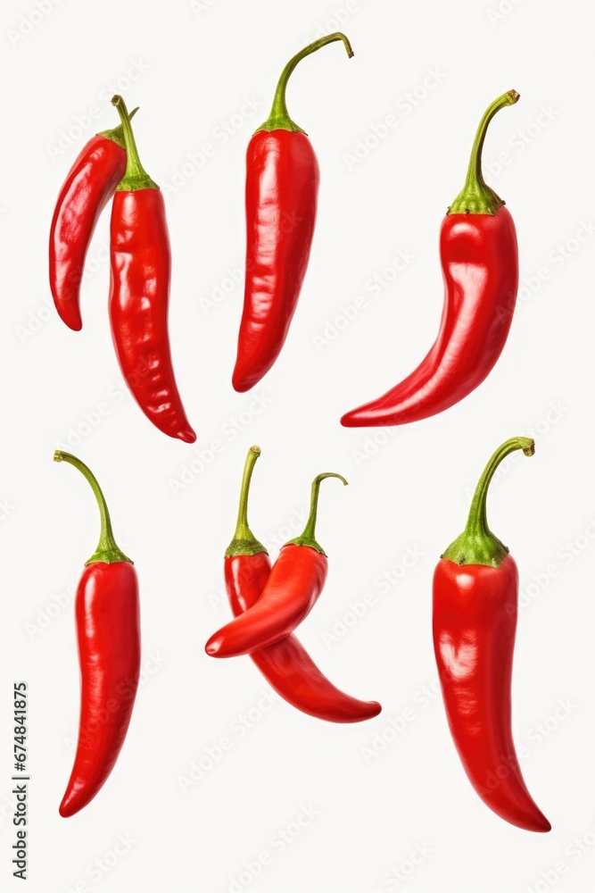 A group of red hot peppers arranged neatly on a white surface. This vibrant image can be used to add a touch of spice and color to various culinary, food, or healthy eating-related projects A group of red hot peppers arranged neatly on a white surface. This vibrant image can be used to add a touch of spice and color to various culinary, food, or healthy eating-related projects