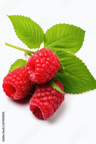 Three ripe raspberries with leaves on a clean white background. Ideal for use in food and beverage advertisements or as a decorative element in recipe books