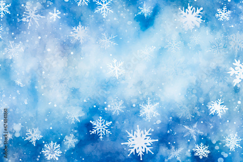 Blue background with snowflakes and snow flakes.