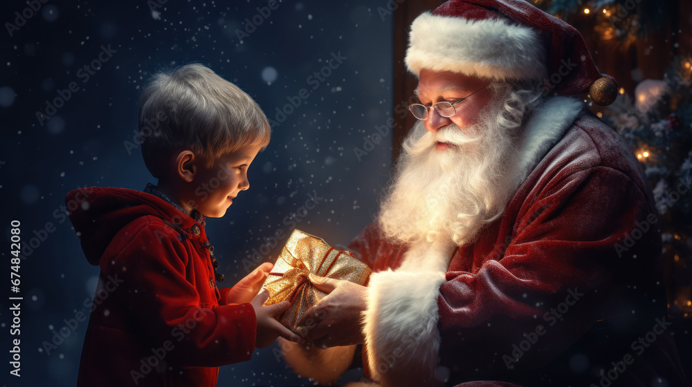 Obraz premium Magical Christmas background with Santa Claus and children. Winter fairytale style. Holiday celebration concept.