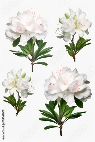 A simple yet elegant image featuring four white flowers with green leaves on a white background. Perfect for adding a touch of beauty and freshness to any project
