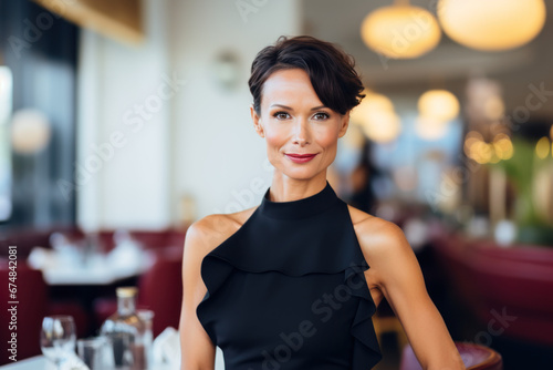 femme 50-60ans en tenue de soirée, élégante et raffinée  dans un restaurant gastronomique de grand standing photo