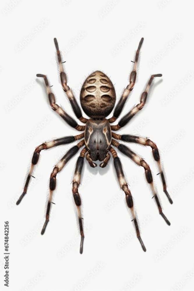 A detailed view of a spider on a white surface. This image can be used to illustrate arachnids, nature, or macro photography A detailed view of a spider on a white surface. This image can be used to illustrate arachnids, nature, or macro photography