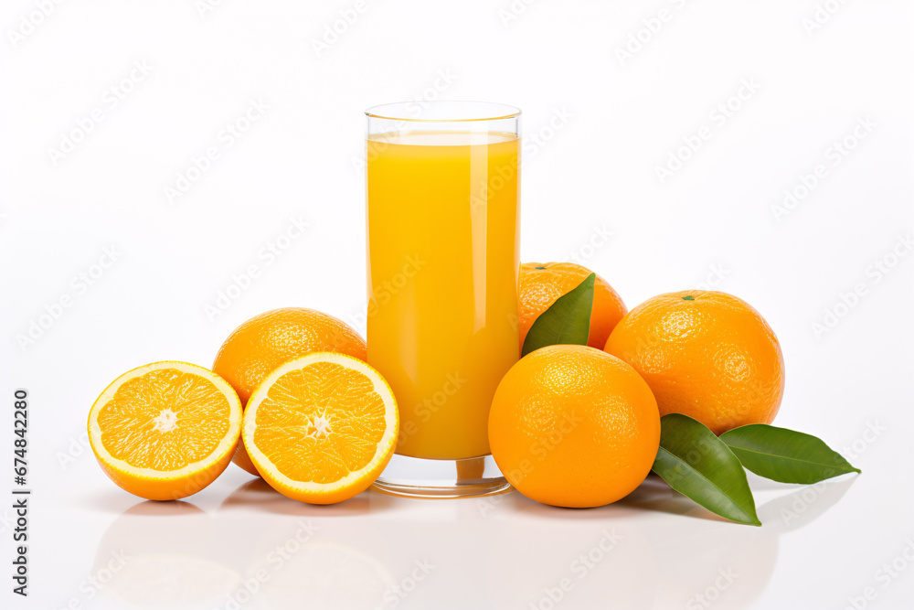 A glass of zestful O.J. with clustered oranges situating on a milky canvas. A glass of zestful O.J. with clustered oranges situating on a milky canvas.