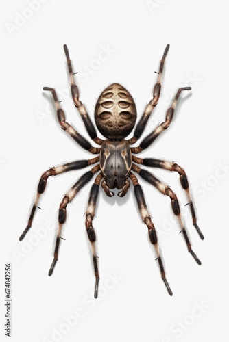 A detailed view of a spider on a white surface. This image can be used to illustrate arachnids, nature, or macro photography