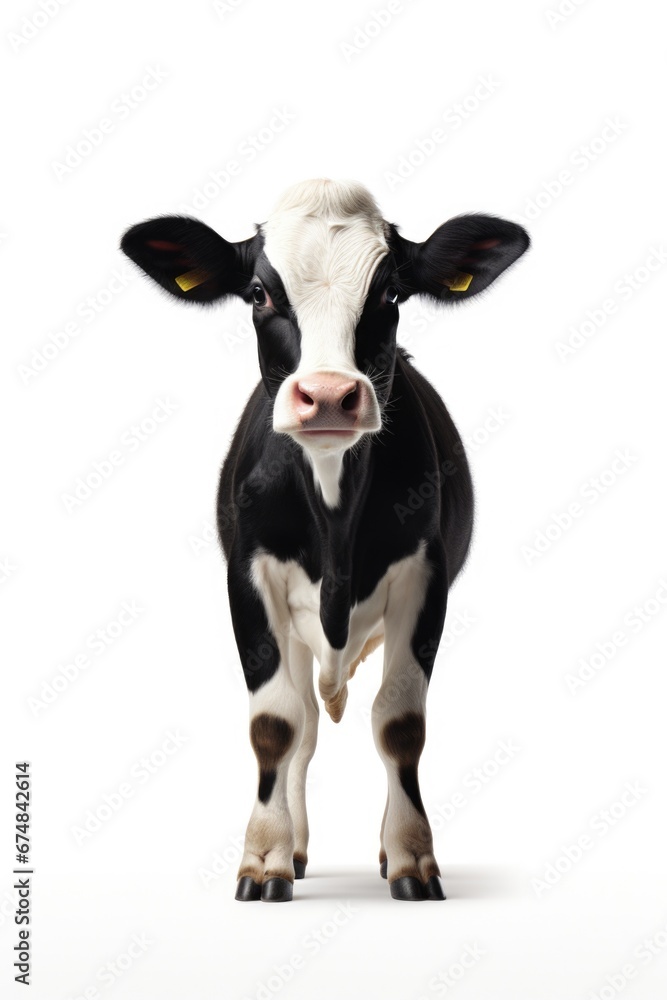 A black and white cow standing in front of a plain white background. Suitable for various uses