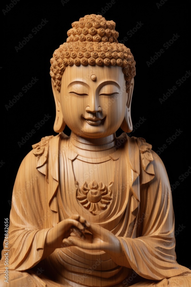 A wooden statue of a Buddha sitting on a table. Can be used as a decorative piece or for meditation purposes