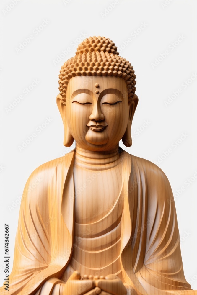 A wooden statue of Buddha sitting peacefully on a table. This picture can be used to depict spirituality, meditation, or Asian culture