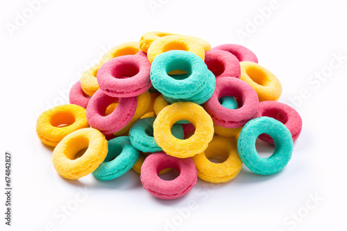 A pile of vivid breakfast rings, secluded on a white surface.