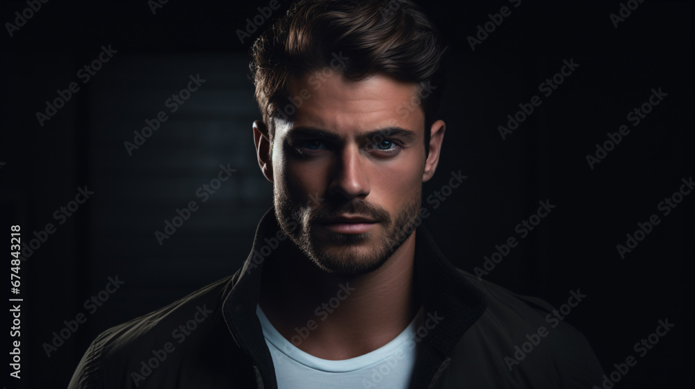 A good-looking fellow in a studio against a dim backdrop is captured in a portrait. A good-looking fellow in a studio against a dim backdrop is captured in a portrait.