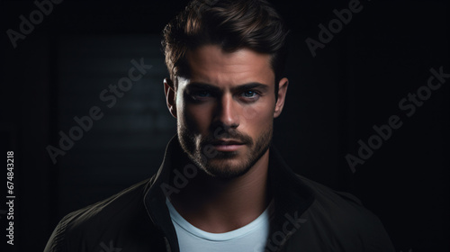 A good-looking fellow in a studio against a dim backdrop is captured in a portrait.
