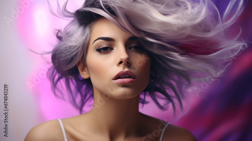 A woman with vibrant, flowing hued locks of purple, full lips and professional makeup,hair blowing in the breeze, exudes sexiness with her short coiffure.