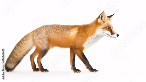 An isolated Red fox from a side angle is captured on a white background.