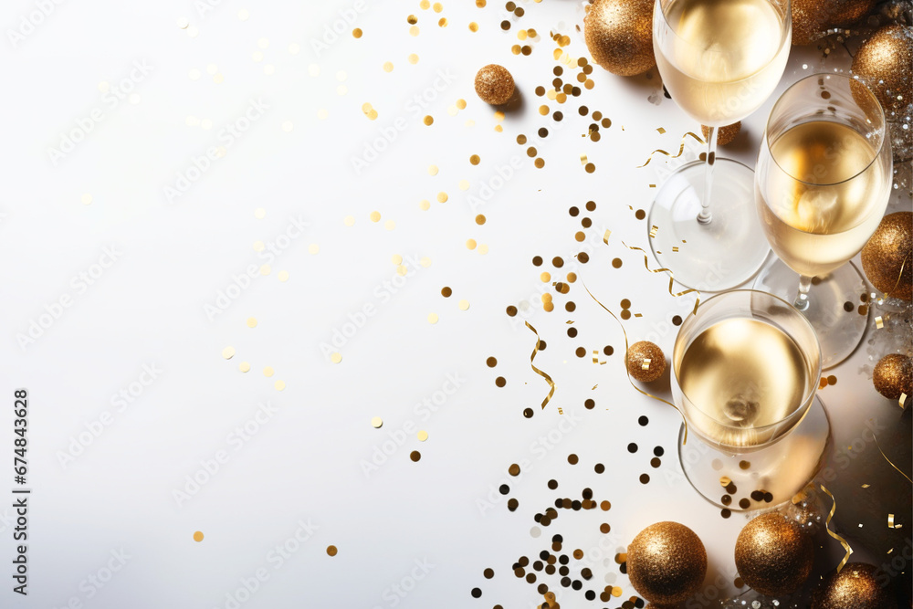 Luxury New Year's Eve Graphic with Champagne and Confetti in Gold and White