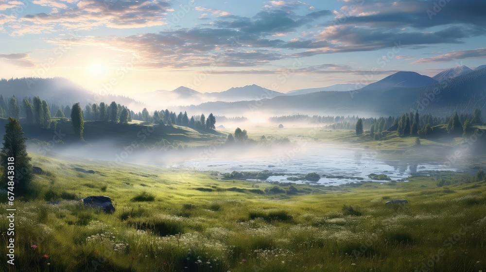 misty meadow scenery north landscape illustration green view, scenic mist, trees environment misty meadow scenery north landscape