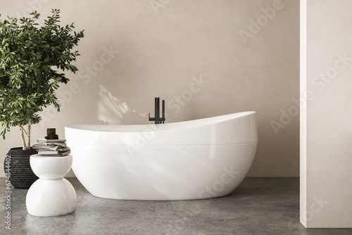 Beige bathroom interior with double sink and mirror  concrete floor  bathtub  plants. Bathing accessories in hotel studio.