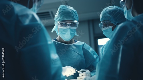 Diverse team of professional medical surgeons perform surgery in the operating room using high-tech equipment.