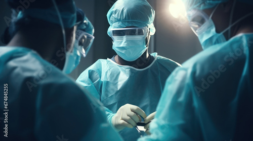 Diverse team of professional medical surgeons perform surgery in the operating room using high-tech equipment.