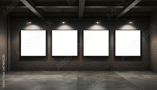 Mockups of empty white frames on a brick wall in an art gallery. Templates for displaying art works.