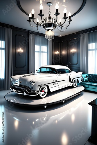 A Car Parked in a Living Room Under a Chandelier photo