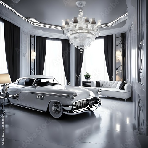 A Car Parked in a Living Room Under a Chandelier photo