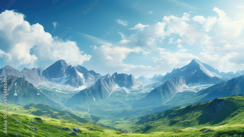 Fototapeta premium peaceful nature sky summer landscape illustration cloud beautiful, idyllic horizon, color mountain peaceful nature sky summer landscape