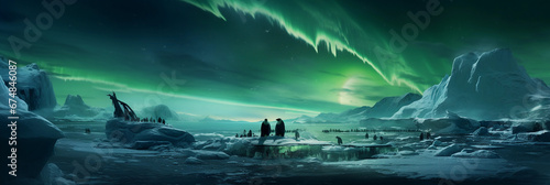 Aurora Fantasy: Photorealistic Northern Lights dancing over an icy landscape with penguins, full moon in the sky