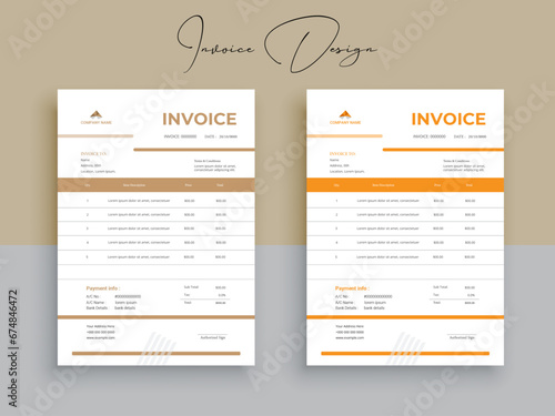Professional Invoice Design. Business invoice form template. money bills or pricelist and payment agreement design templates.
