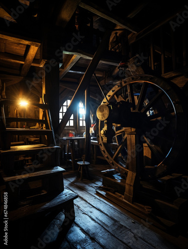 Interior of a traditional windmill, showing gears and grindstones, low ambient light, atmospheric