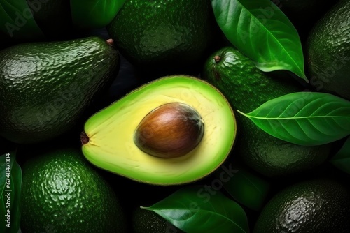 Ripe whole and cut avocado fruits close-up. Organic healthy fruit, green avocado close-up. Healthly food