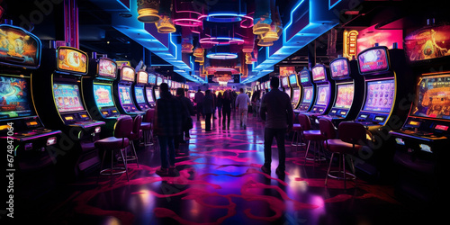 Neon-lit casino floor  vibrant slot machines  excited gamblers  wide-angle shot capturing the euphoria