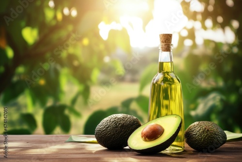 Glass bottle with avocado oil, avocado fruits on a wooden table on natural background of an avocado plantation. Healthy organic food, oil for cooking, cosmetics, body care photo