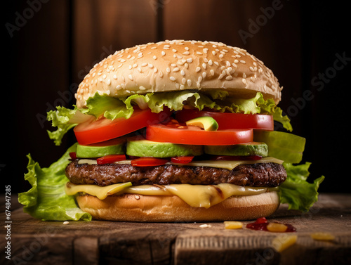 vegan burger with lettuce  tomato  and avocado  juicy textures  wooden board  rustic background  soft  ambient lighting