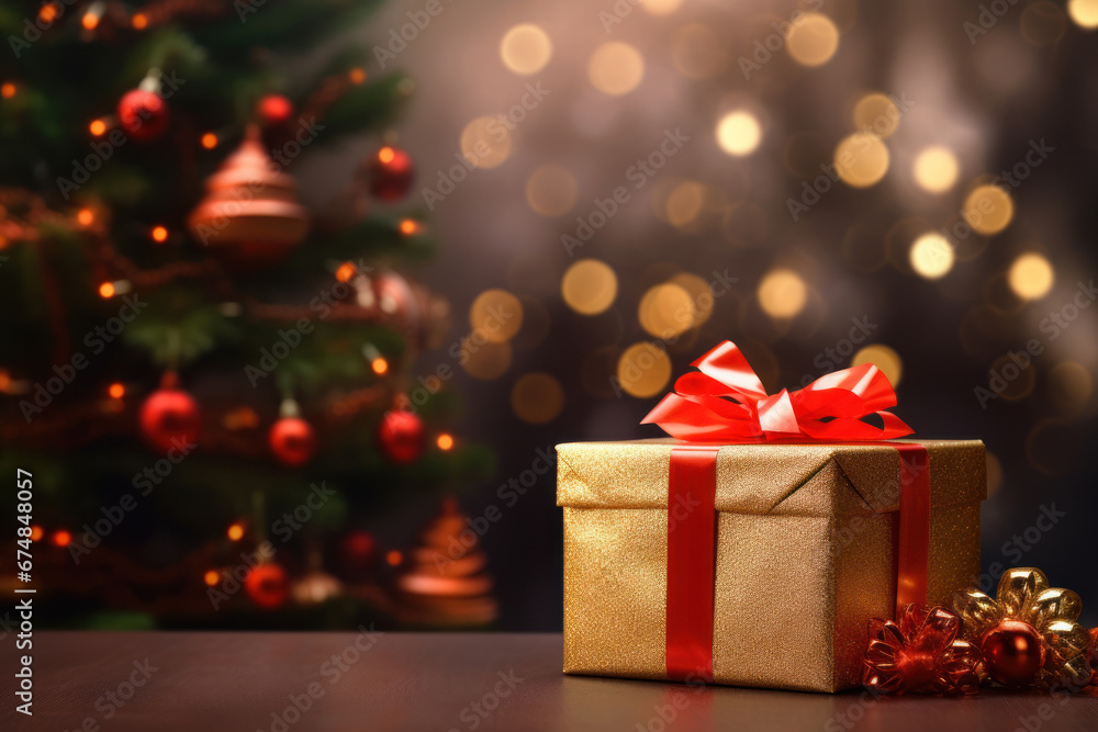 Golden Christmas gift box on the table with blurred decorated fir tree on background. Xmas and New year presents. Winter holidays background Golden Christmas gift box on the table with blurred decorated fir tree on background. Xmas and New year presents. Winter holidays background