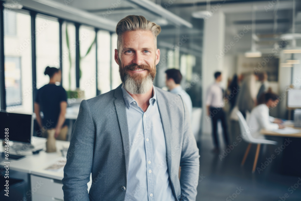 Confident and smiling handsome hipster man standing in the office Confident and smiling handsome hipster man standing in the office