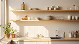 Scandinavian design kitchen, light wood, white walls, minimal decor, simple open shelving