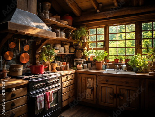 Rustic farmhouse kitchen, wooden cabinets, vintage stove, hanging pots and pans photo
