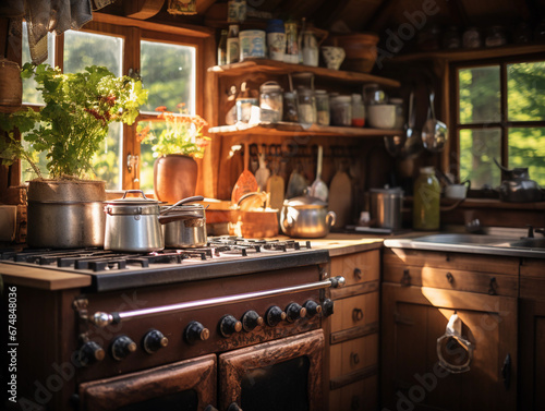 Rustic farmhouse kitchen, wooden cabinets, vintage stove, hanging pots and pans