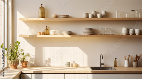 Scandinavian design kitchen, light wood, white walls, minimal decor, simple open shelving