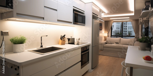 Small apartment kitchen, maximizing space, foldable furniture, built-in appliances