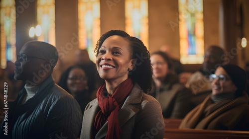 an African American female pastor in her 50s. diverse congregation inside a rustic church. warmly lit. generative AI