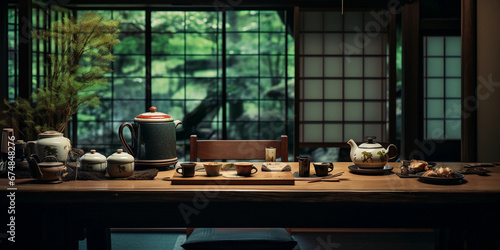 Traditional Japanese kitchen, tatami flooring, wooden countertop, sliding paper doors, tea set on the table