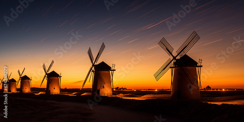 Traditional Spanish windmills, romantic, shot under the Milky Way, silhouette, astro-photography