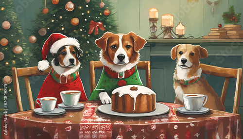 cute dogs sitting at the dining table in the living room with cups and panettone in Christmas holiday season