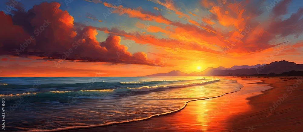 The background of the summer beach landscape was adorned with vibrant hues of orange as the sun set casting a warm and gentle light across the water creating a breathtaking scene against the