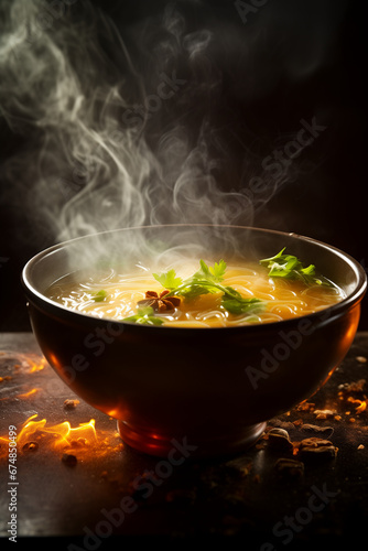 Steamy Bowl of Soup on a Mysterious Black Background: Enhancing the Comforting Warmth with Side Lighting, Eliciting the Aroma and Temptation